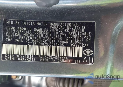 2014 Toyota Corolla Le z USA, uszkodzony, nr VIN 2T1BURHE2EC059405